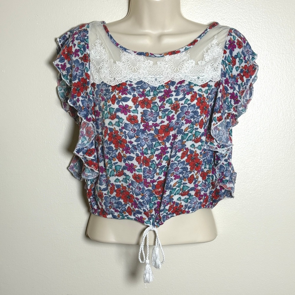Hollister‎ Womens XS Floral Lace Yoke Ruffle Sleeve Crop Top Blue Red Tassel Tie